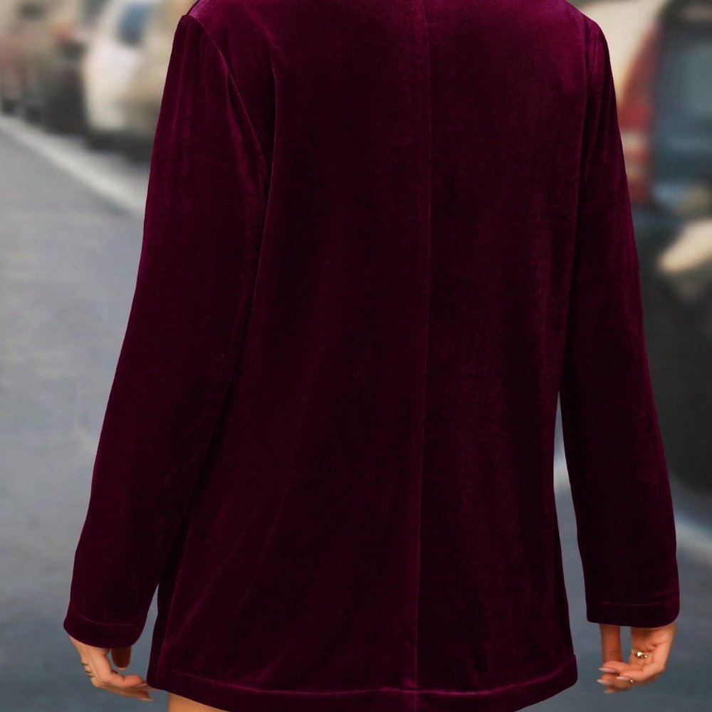 Burgundy Preppy Womens Shawl Collar Velvet Blazer - Picture 2 of 6
